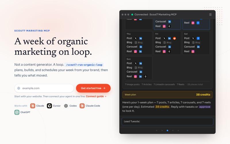 Scout7 | Organic Growth Loop from Claude Code, Codex & Cursor — screenshot