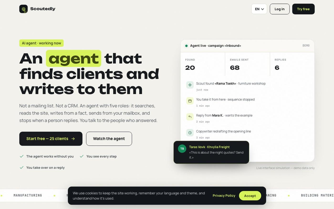 Scoutedly — an agent that finds clients and writes to them — screenshot