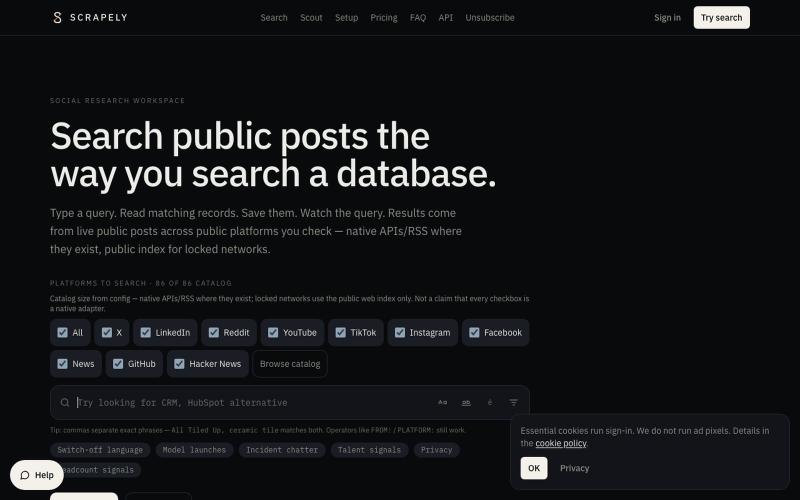 Scrapely — Search public posts like a database — screenshot