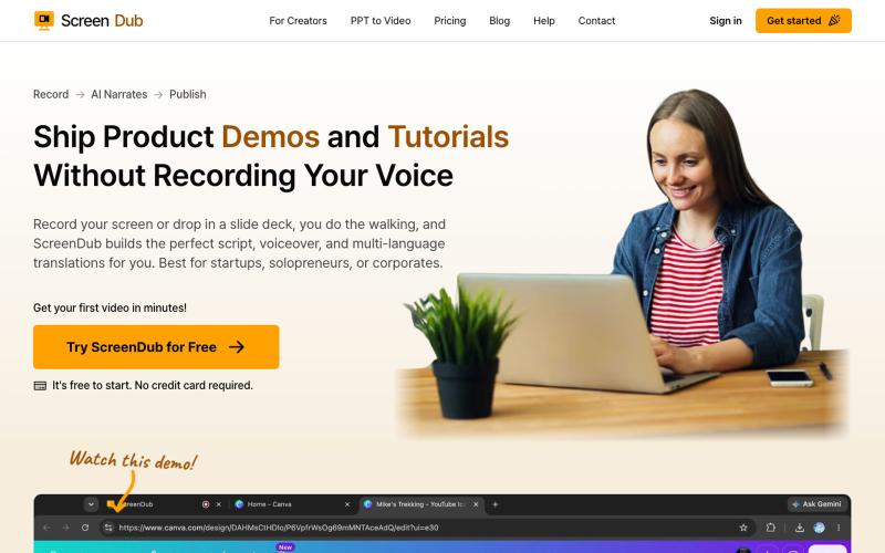 AI Product Demo, Tutorial & Video Documentation Maker | ScreenDub — screenshot