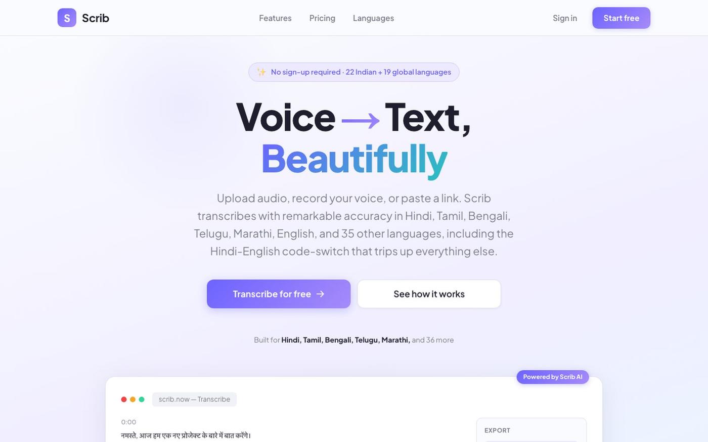 Scrib | Free AI Transcription for Indian Languages (Hindi, Tamil and 39 more) | — screenshot