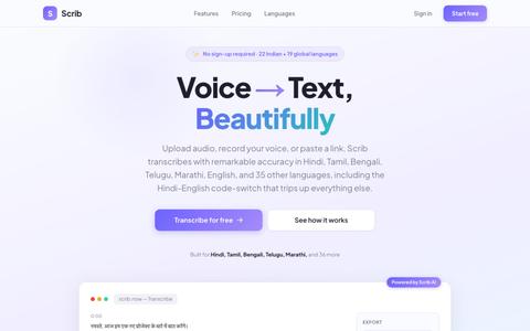 Scrib | Free AI Transcription for Indian Languages (Hindi, Tamil and 39 more) | — screenshot
