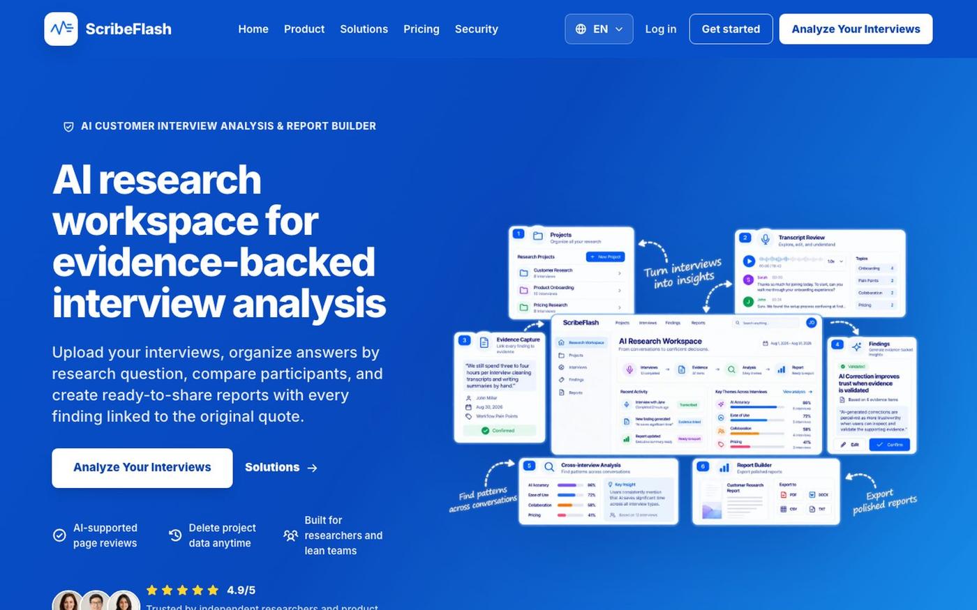 AI Research Workspace for Interview Analysis | ScribeFlash — screenshot