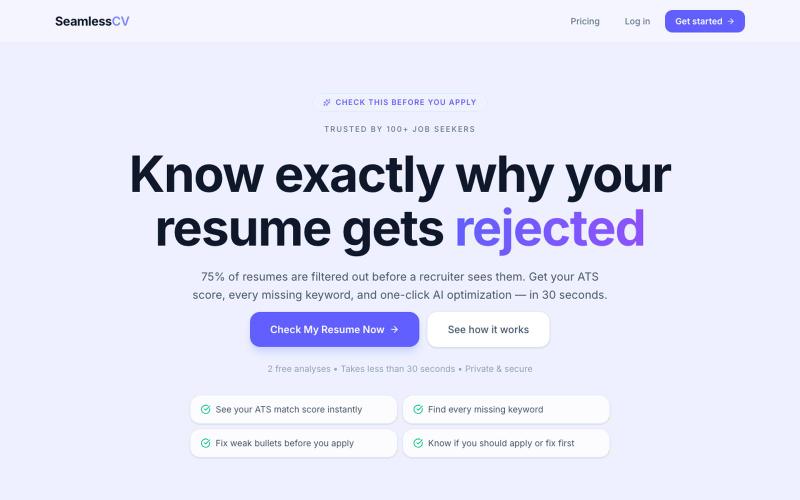 Match Your Resume to Any Job (Free ATS Checker) | SeamlessCV — screenshot