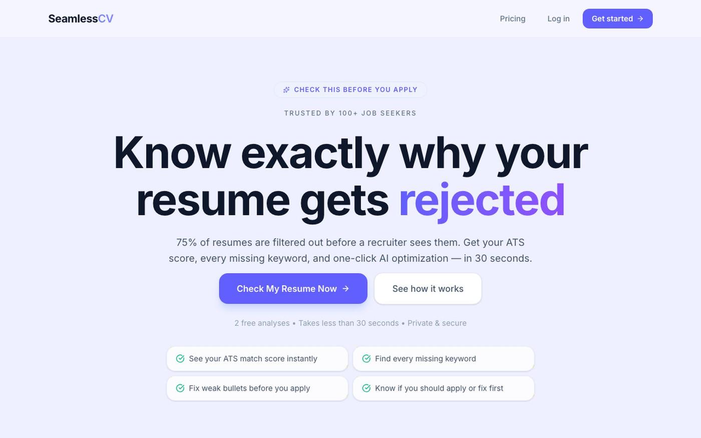 Match Your Resume to Any Job (Free ATS Checker) | SeamlessCV — screenshot