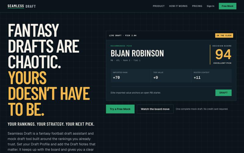 Fantasy Football Draft Assistant & Mock Draft Tool | Seamless Draft — screenshot