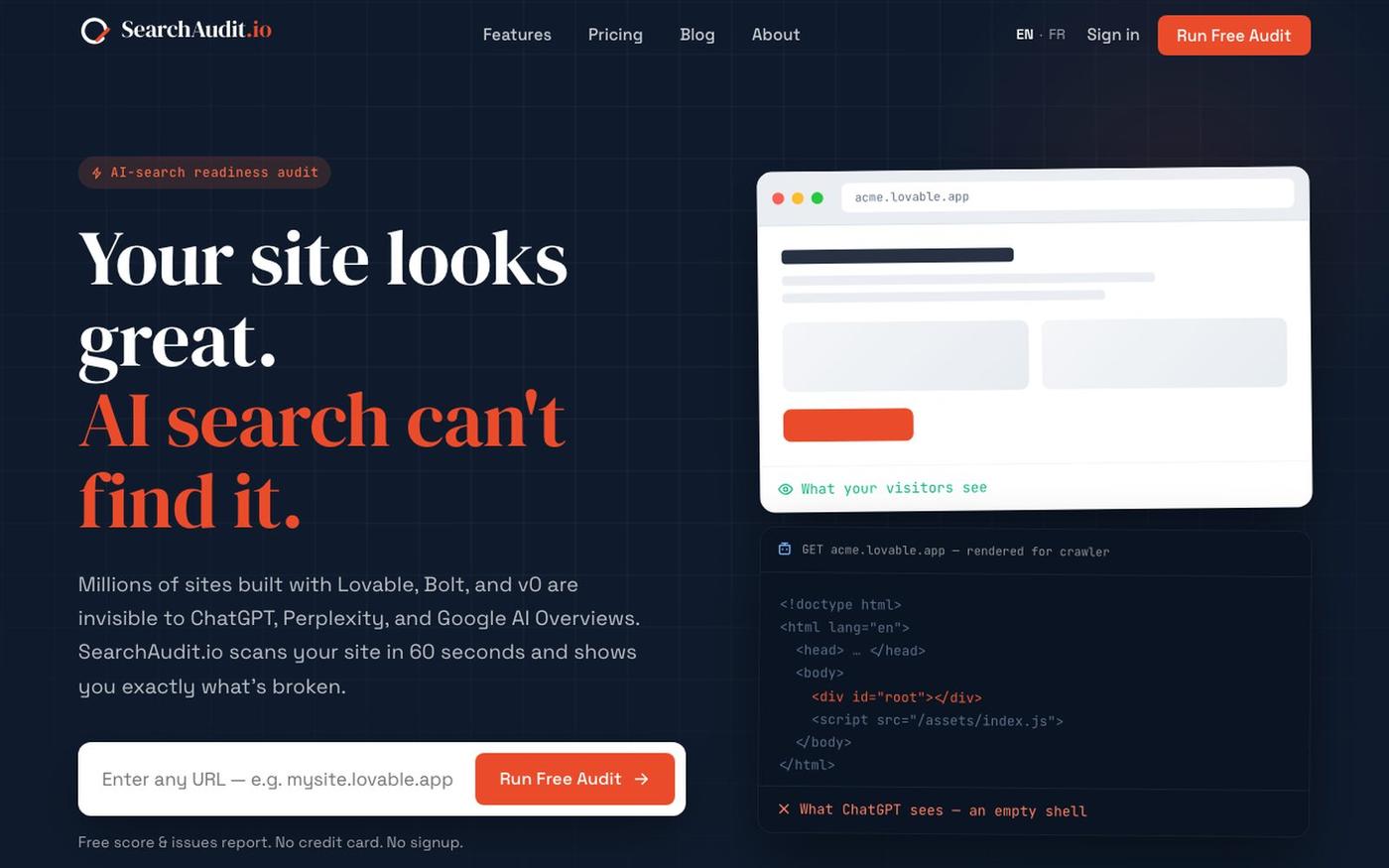 SearchAudit.io — AI-search readiness audit — screenshot