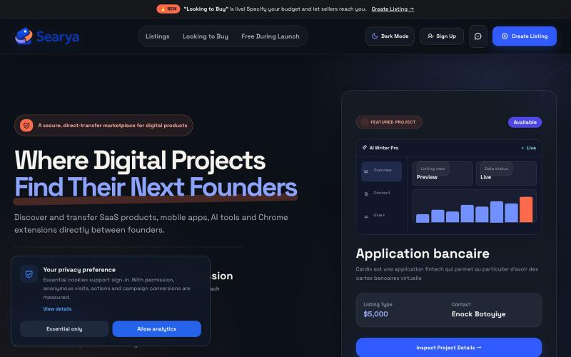 Searya — Discover Digital Projects, SaaS, Apps & AI Tools — screenshot