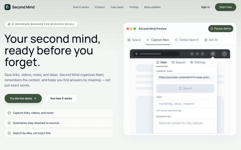 AI Bookmark Manager for Research Recall | Second Mind — screenshot