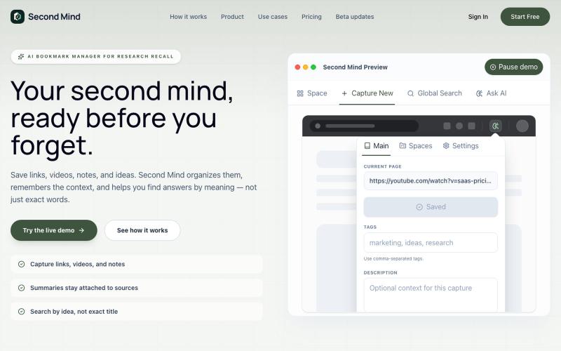 AI Bookmark Manager for Research Recall | Second Mind — screenshot