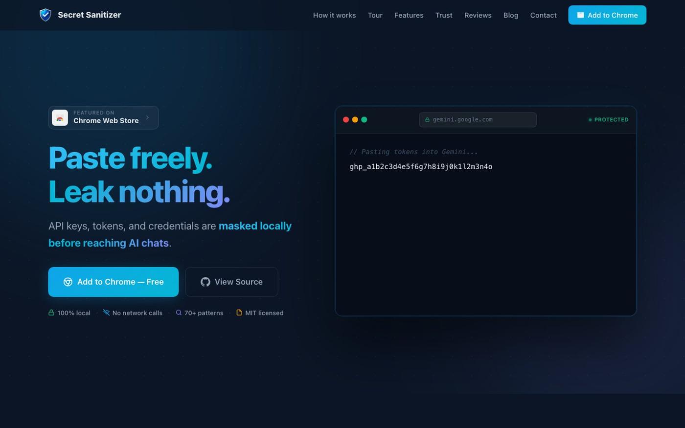 Secret Sanitizer — Paste Freely, Leak Nothing | Mask Secrets in AI Chats — screenshot