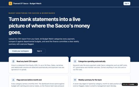 Thamani Budget Watch · Sacco spend monitoring — screenshot