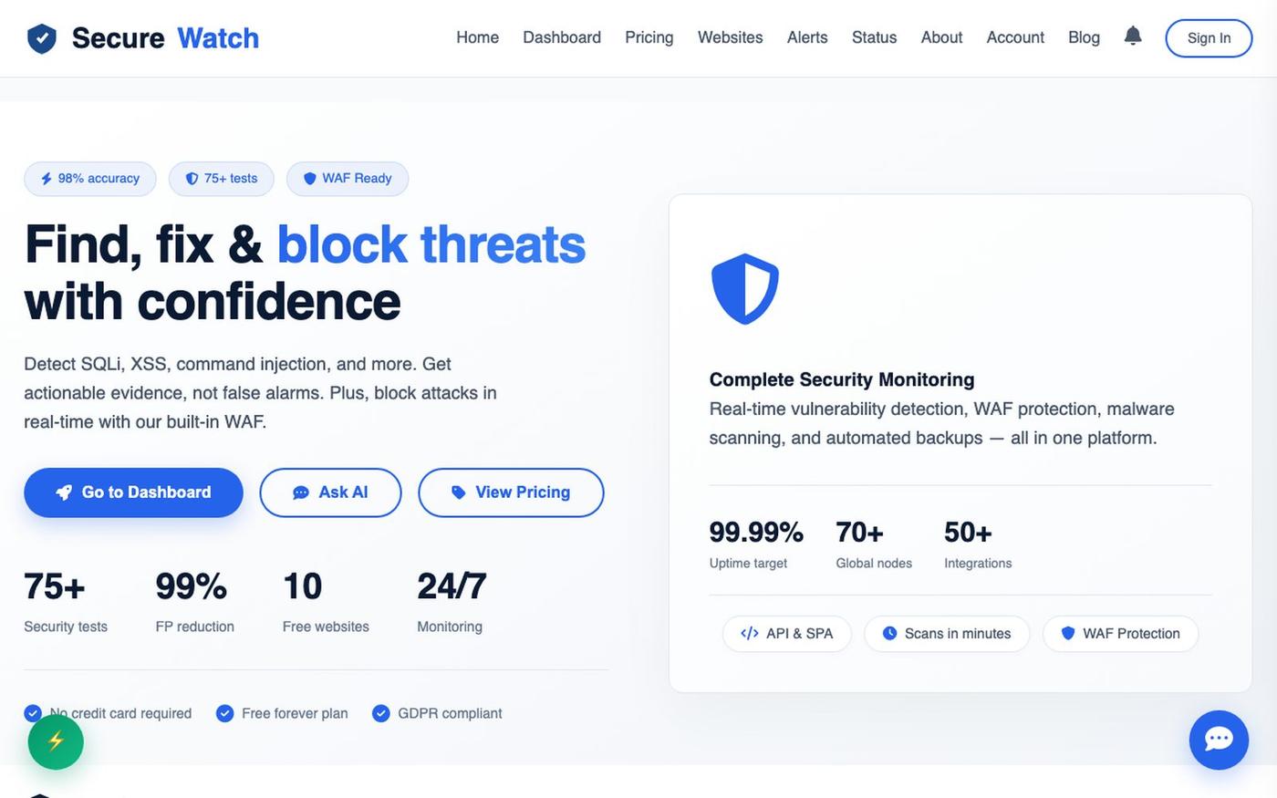SecureWatch · Modern Security Scanner & Website Monitoring — screenshot