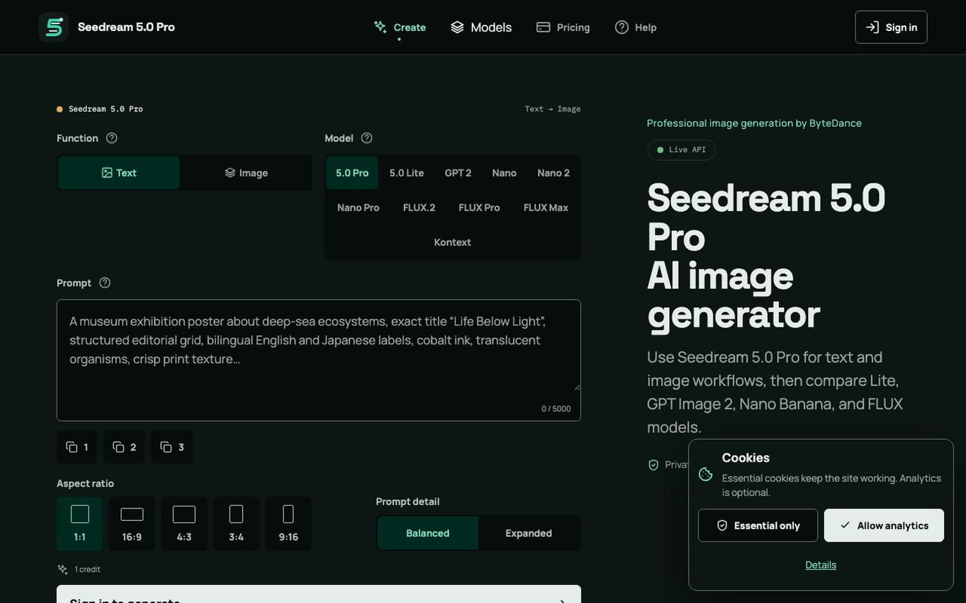 Seedream 5.0 Pro AI Image Generator & Model Compare — screenshot