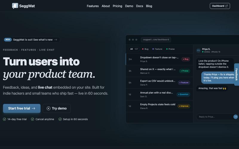Feedback & Live Chat Widget for Indie Hackers & Small Teams — SeggWat — screenshot
