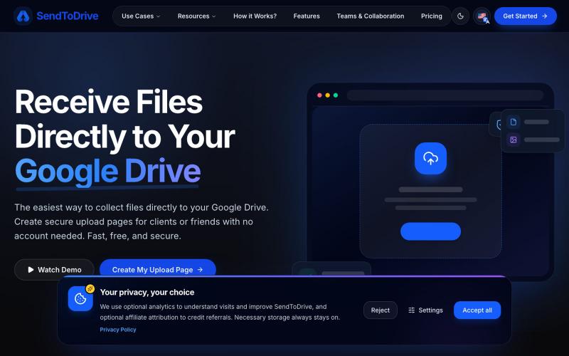 Receive Files to Google Drive - No Login Required | SendToDrive — screenshot