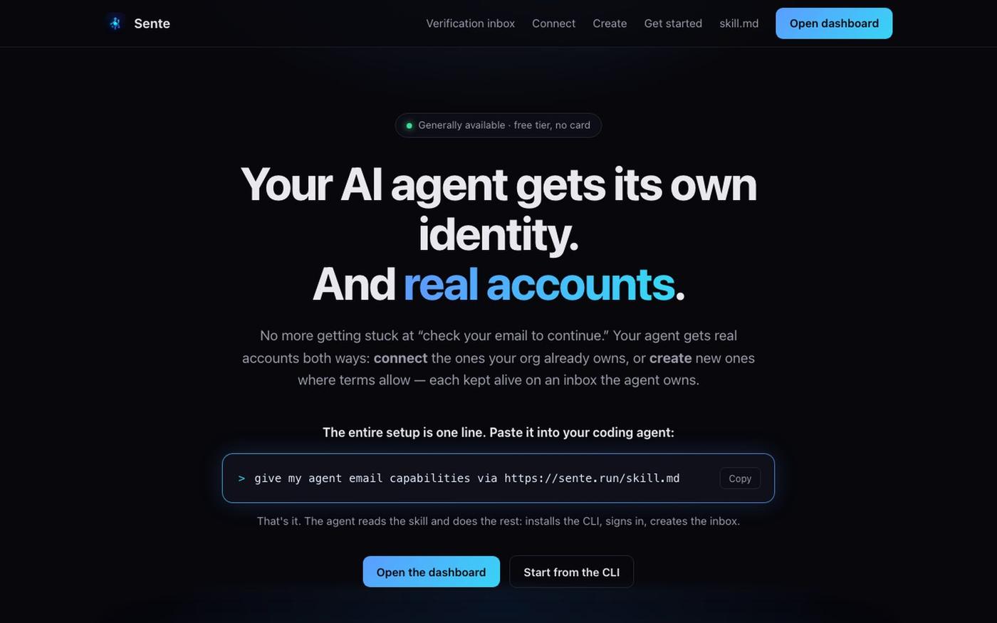 Sente · Accounts for AI agents — screenshot