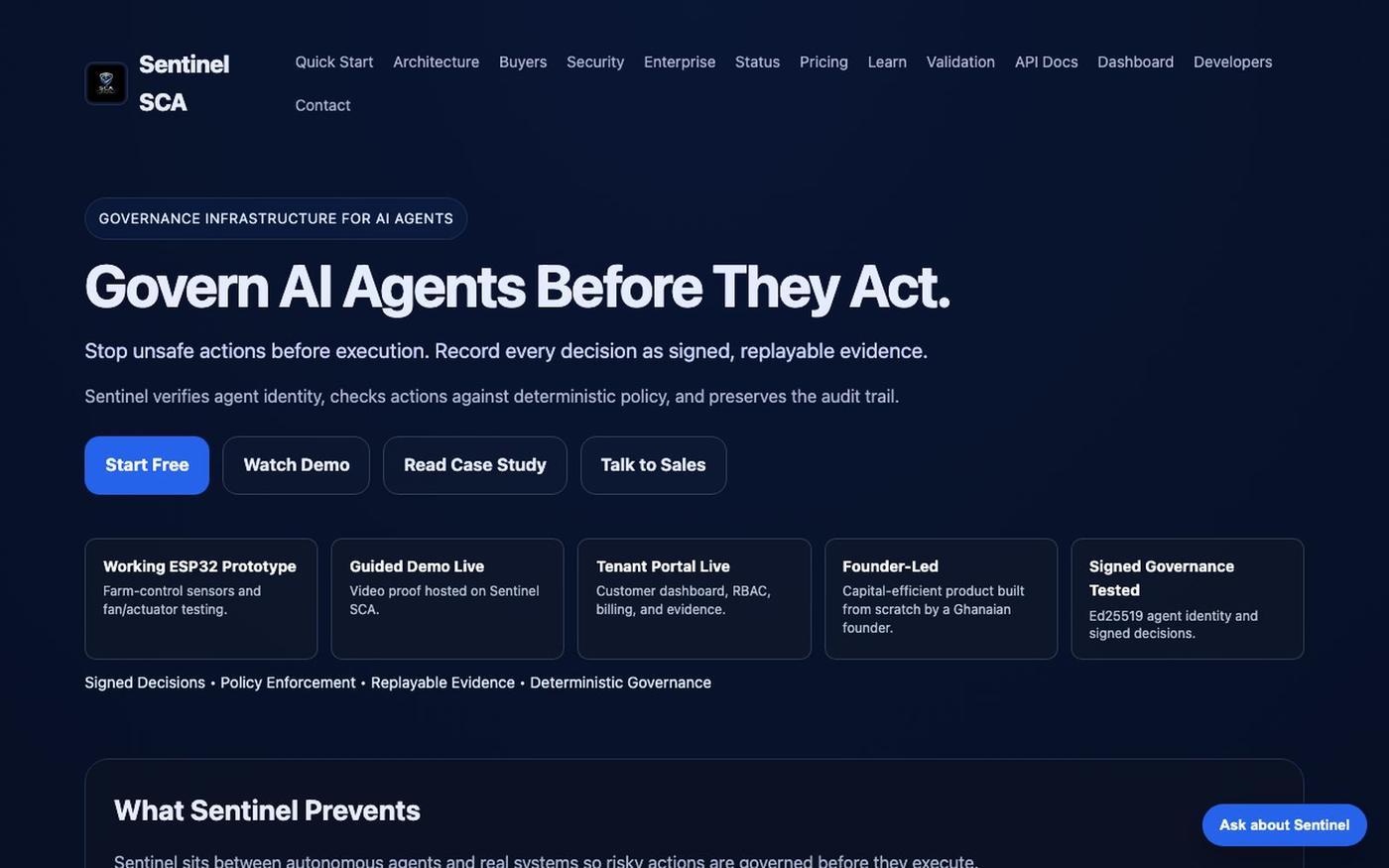 Sentinel SCA — Governance Infrastructure for AI Agents — screenshot