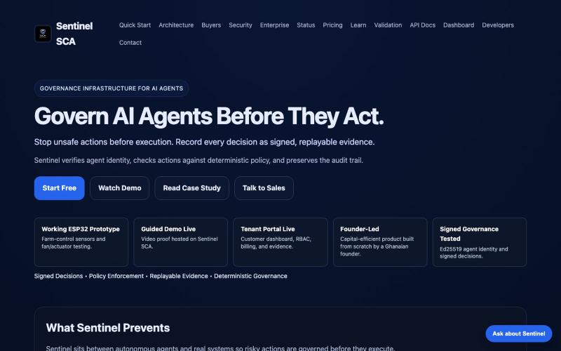 Sentinel SCA — Governance Infrastructure for AI Agents — screenshot