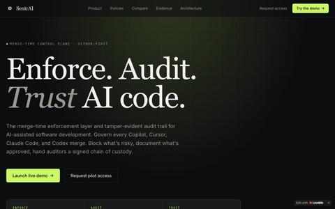 SentrAI — Enforcement & audit for AI-assisted code — screenshot