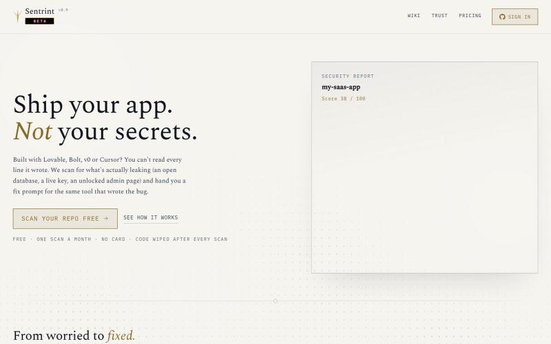 Sentrint · Ship your app, not your secrets — screenshot