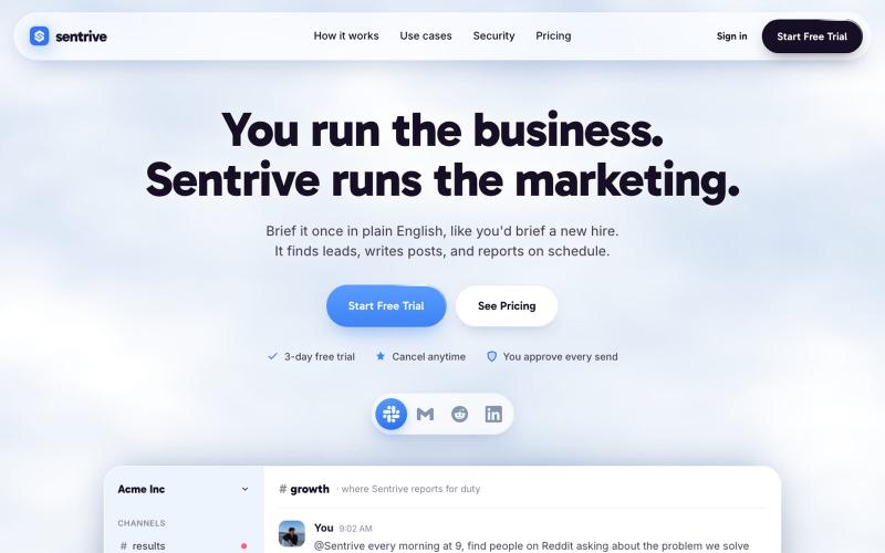 Sentrive · The AI employee that does the work, on repeat. — screenshot
