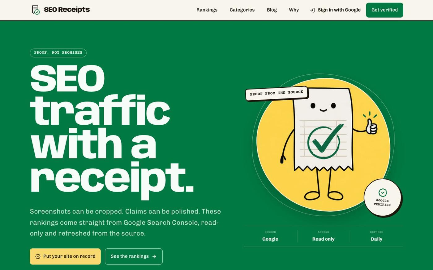 SEO Receipts | Verified organic traffic, straight from Google — screenshot