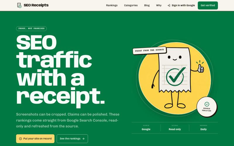 SEO Receipts | Verified organic traffic, straight from Google — screenshot