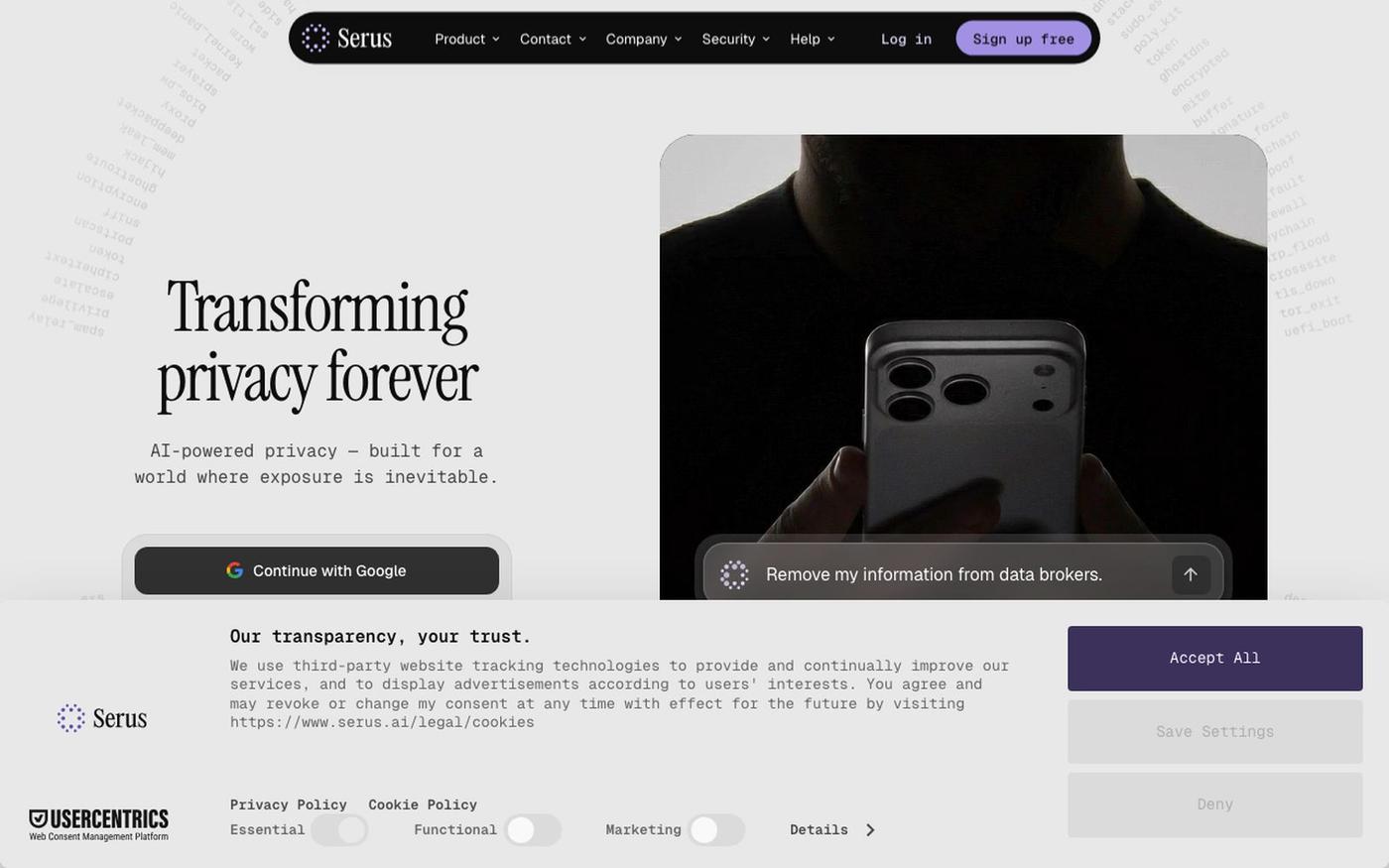 Serus - Transforming Privacy Forever — screenshot