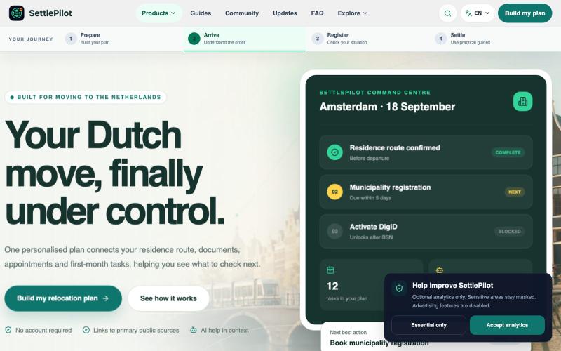 SettlePilot | Netherlands Relocation Planner & Checklist — screenshot