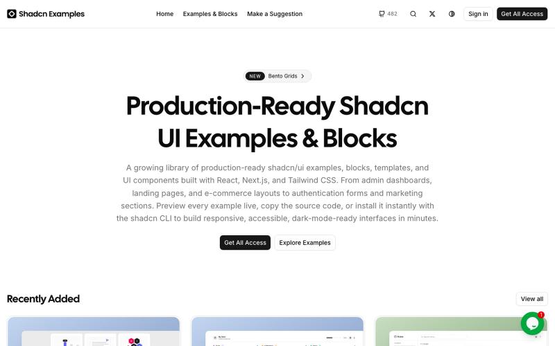 Shadcnexamples: Shadcn UI Components and Blocks — screenshot