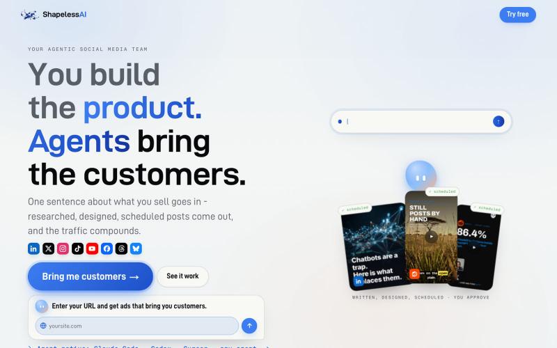 AI social media agents that bring you customers | ShapelessAI — screenshot