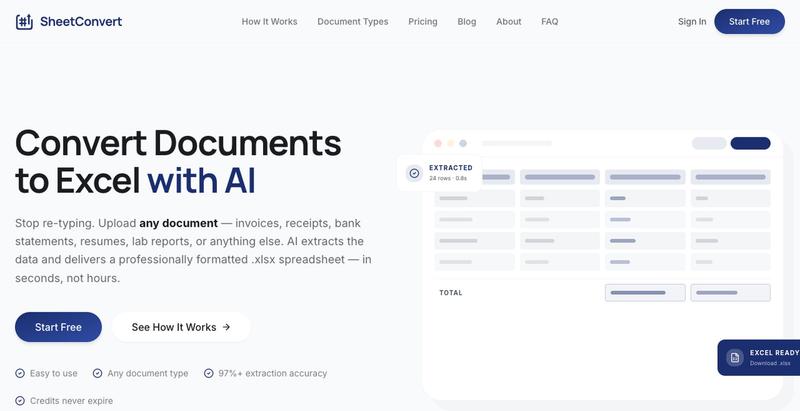SheetConvert – AI Document to Excel Converter | Invoices, Resumes & More — screenshot