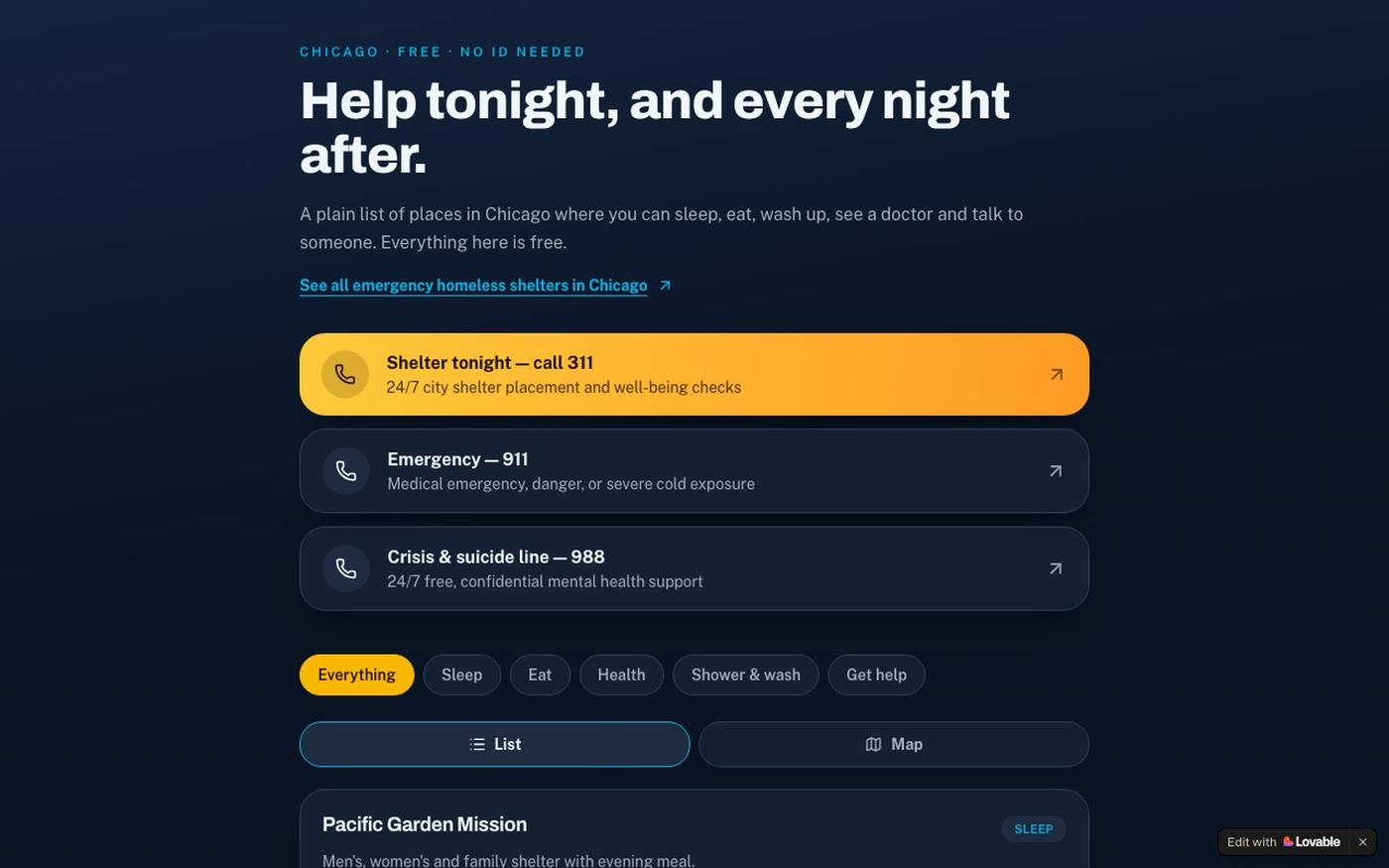 Chicago Street Hub — Shelter, Food & Help Tonight — screenshot