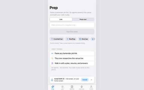 Shift AI · Bartender job prep — screenshot