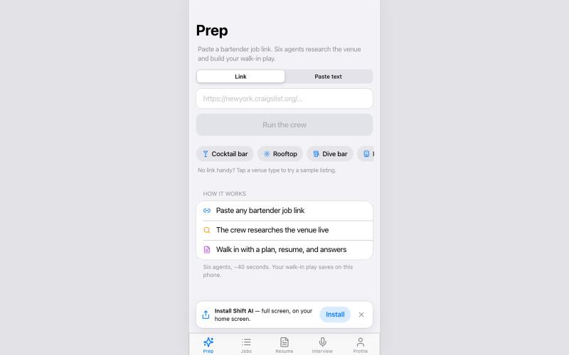 Shift AI · Bartender job prep — screenshot