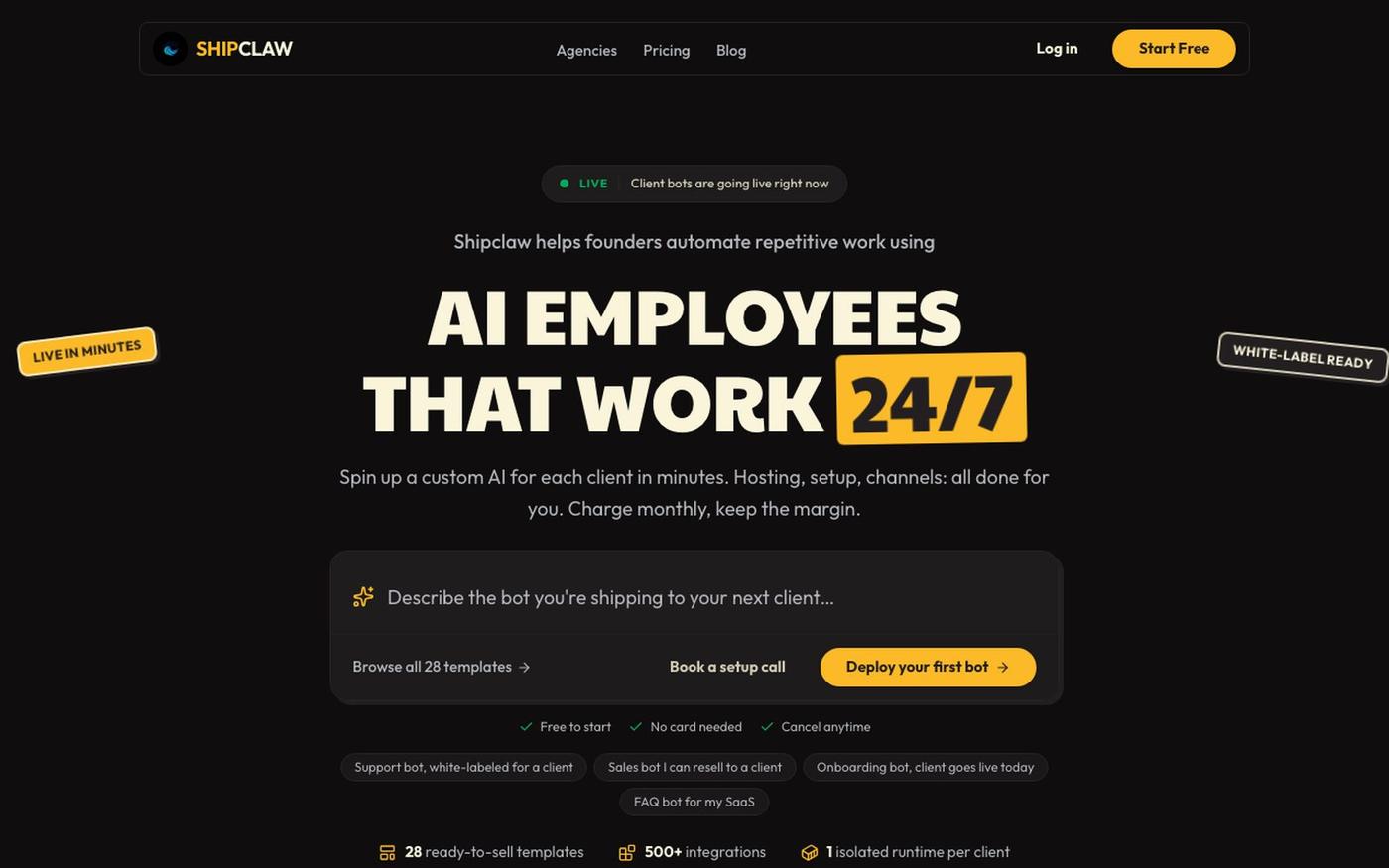 ShipClaw | Client-ready AI bot infrastructure for agencies — screenshot