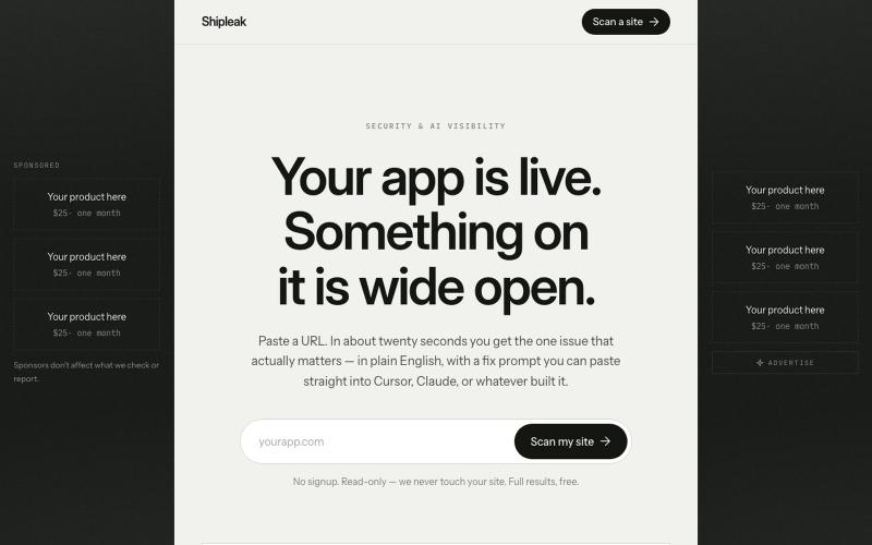 Shipleak — security & AI-visibility scan for your site — screenshot