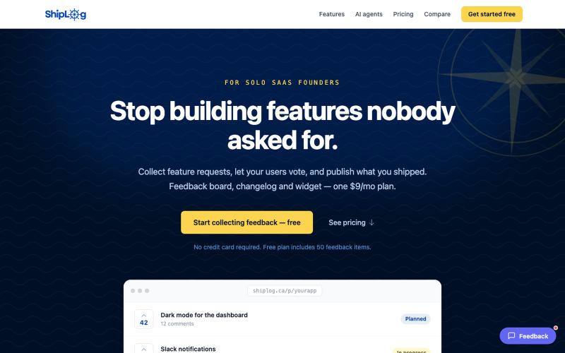 Feedback board, changelog and widget for SaaS founders · ShipLog — screenshot