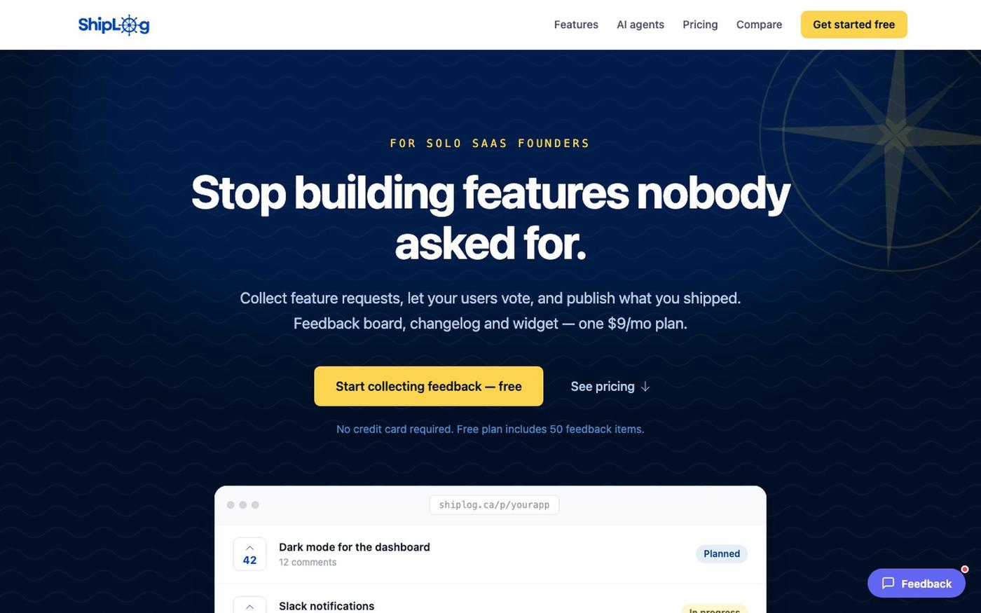 Feedback board, changelog and widget for SaaS founders · ShipLog — screenshot