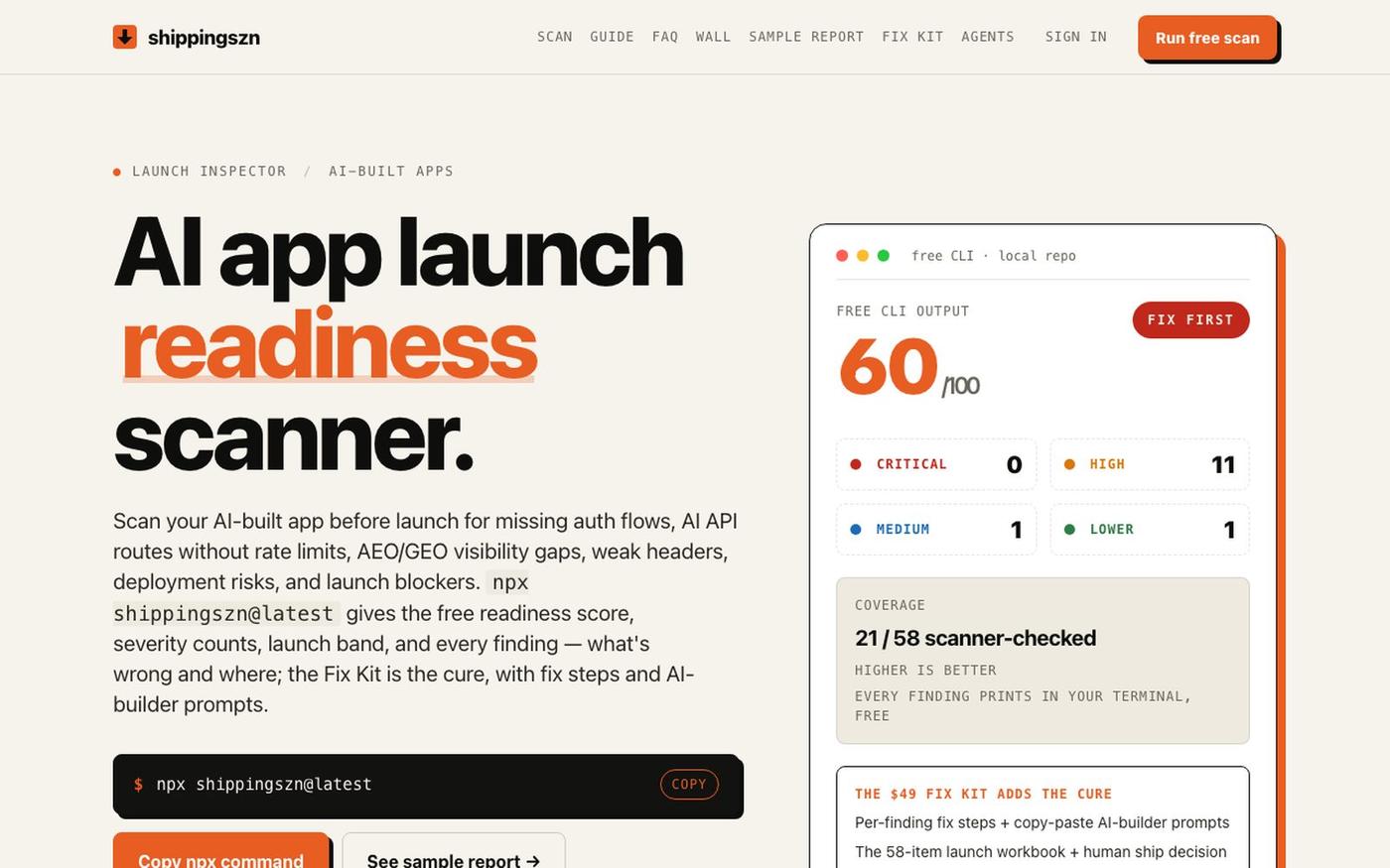 shippingszn - AI app launch readiness scanner — screenshot