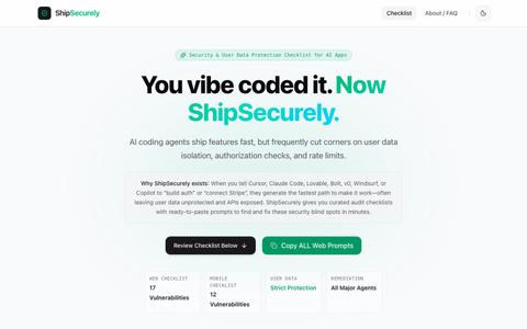 ShipSecurely — Security & User Data Protection Checklist for AI-Generated Apps — screenshot