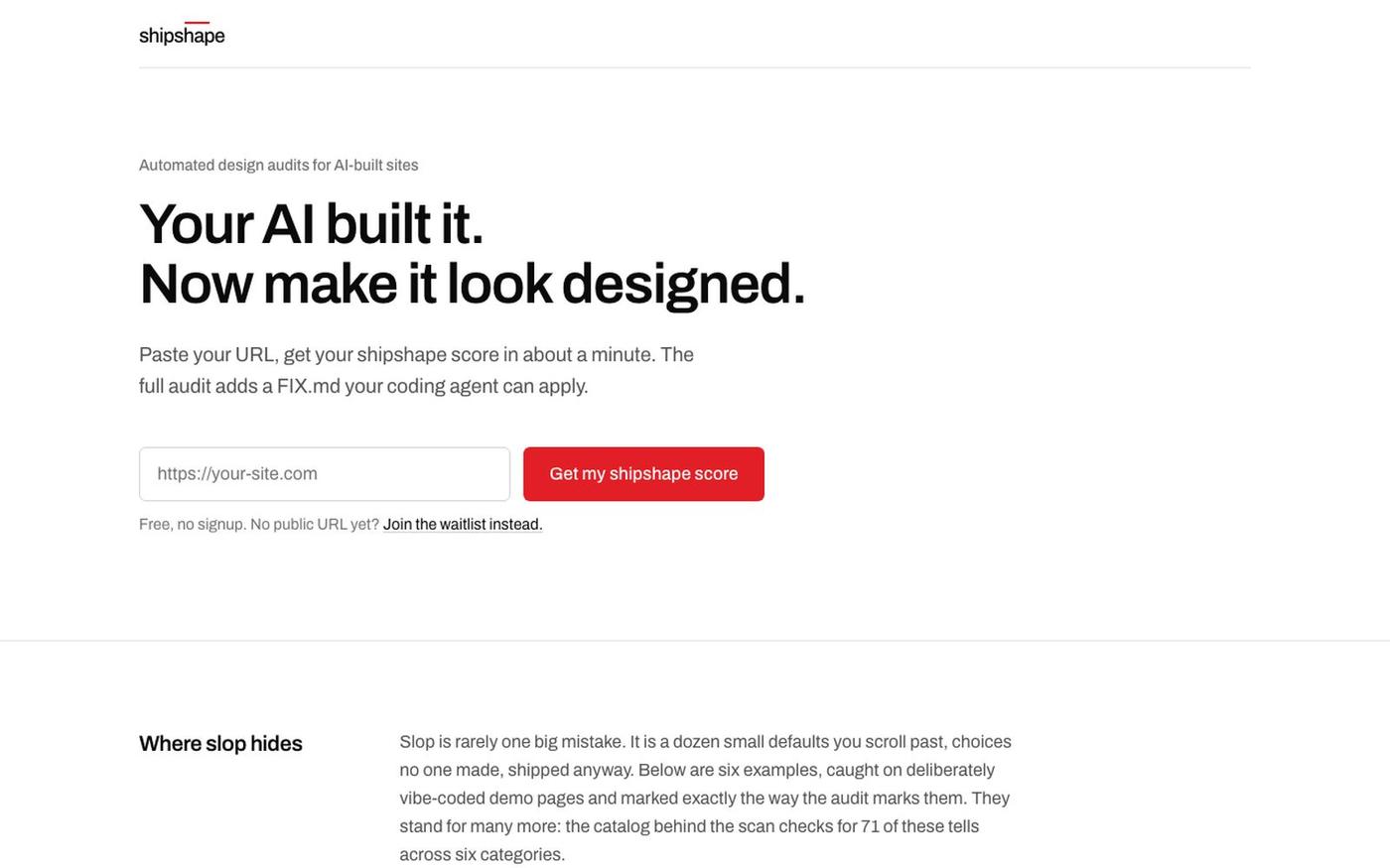shipshape — Your AI built it. Now make it look designed. — screenshot