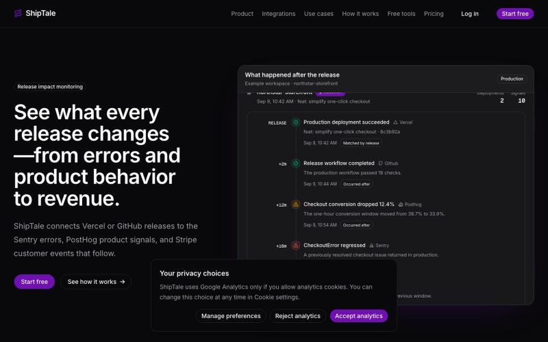 Release Impact Monitoring for SaaS Teams | ShipTale — screenshot
