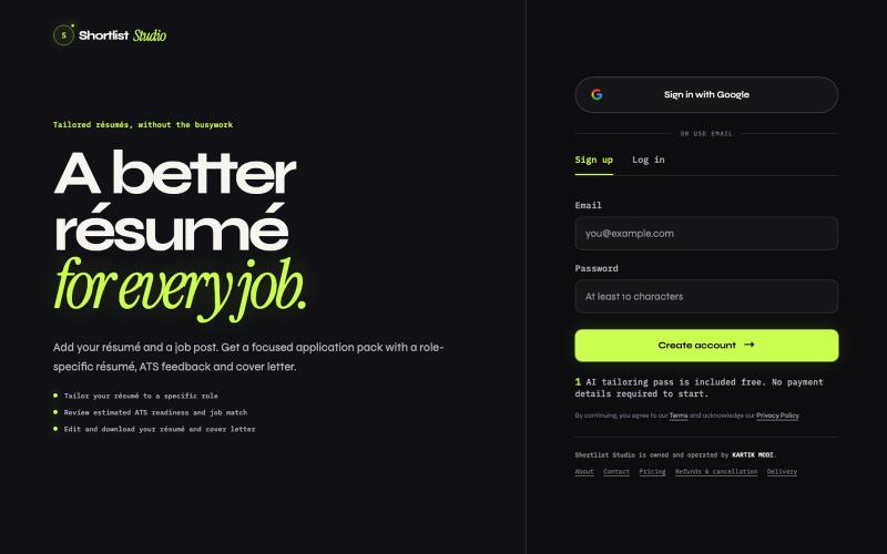 AI Résumé Builder & ATS Resume Checker | Shortlist Studio — screenshot