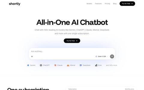 All-in-One AI Chatbot with 100+ Models | Shortly AI — screenshot