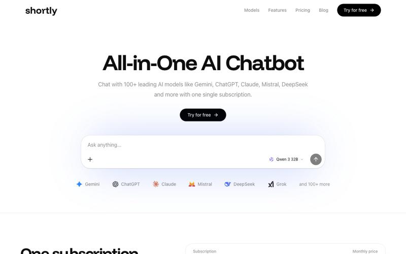 All-in-One AI Chatbot with 100+ Models | Shortly AI — screenshot
