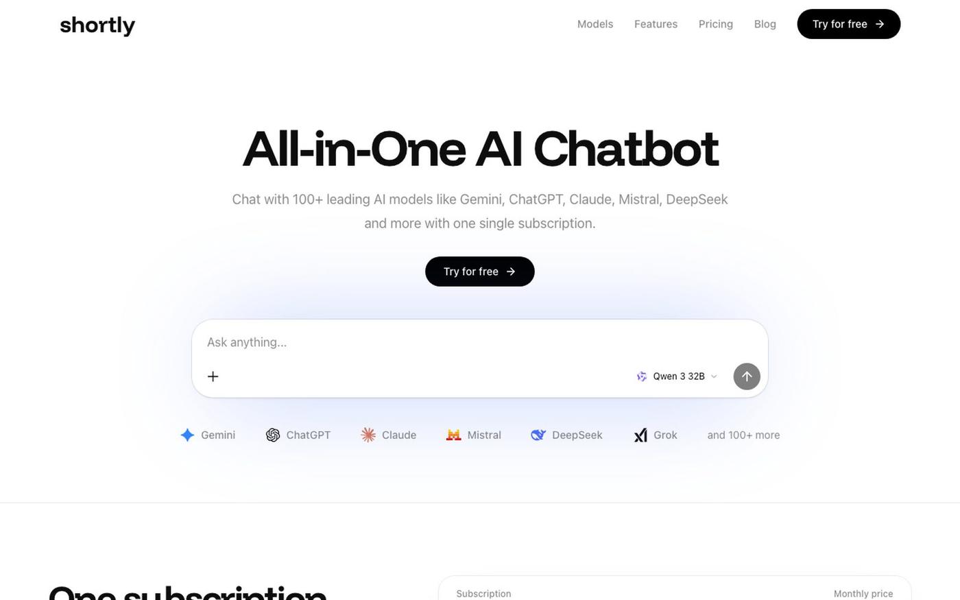 All-in-One AI Chatbot with 100+ Models | Shortly AI — screenshot