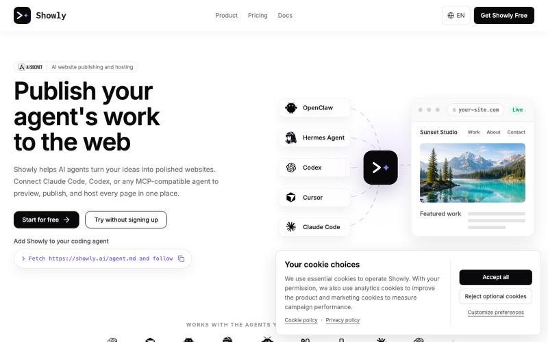 Showly · Website hosting for AI-created sites — screenshot