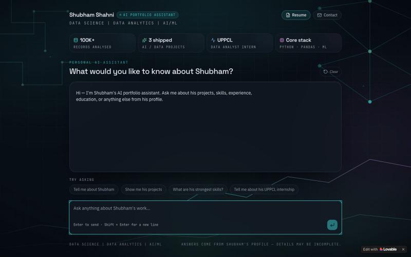 Shubham Shahni — AI Portfolio Assistant — screenshot
